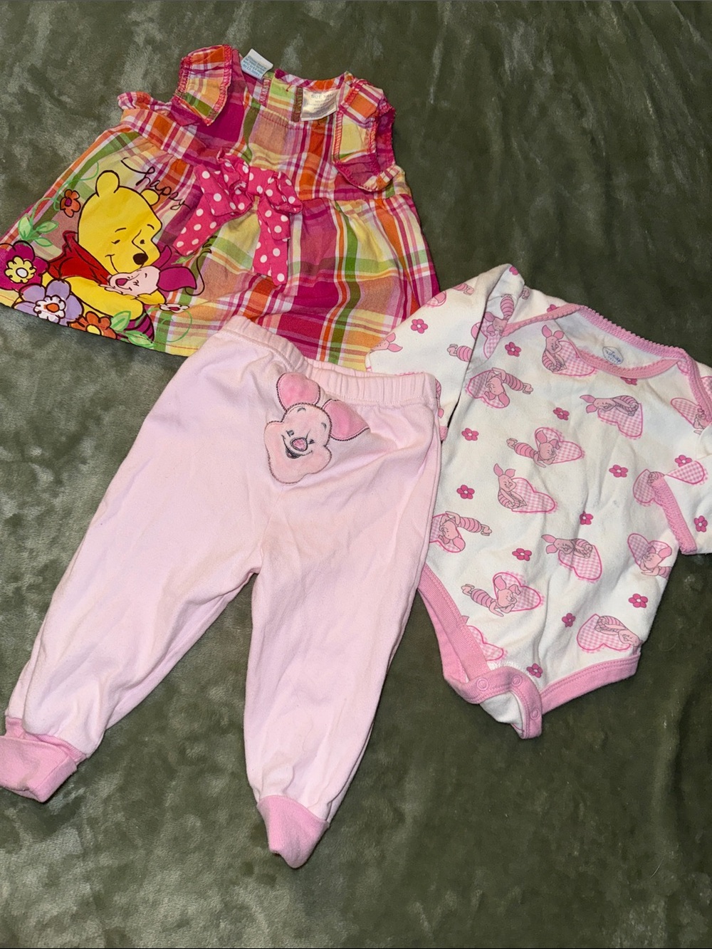 3-6m vintage Winnie the Pooh Plaid Pink Baby Dress + Pink Pants Onesie Set GUC
